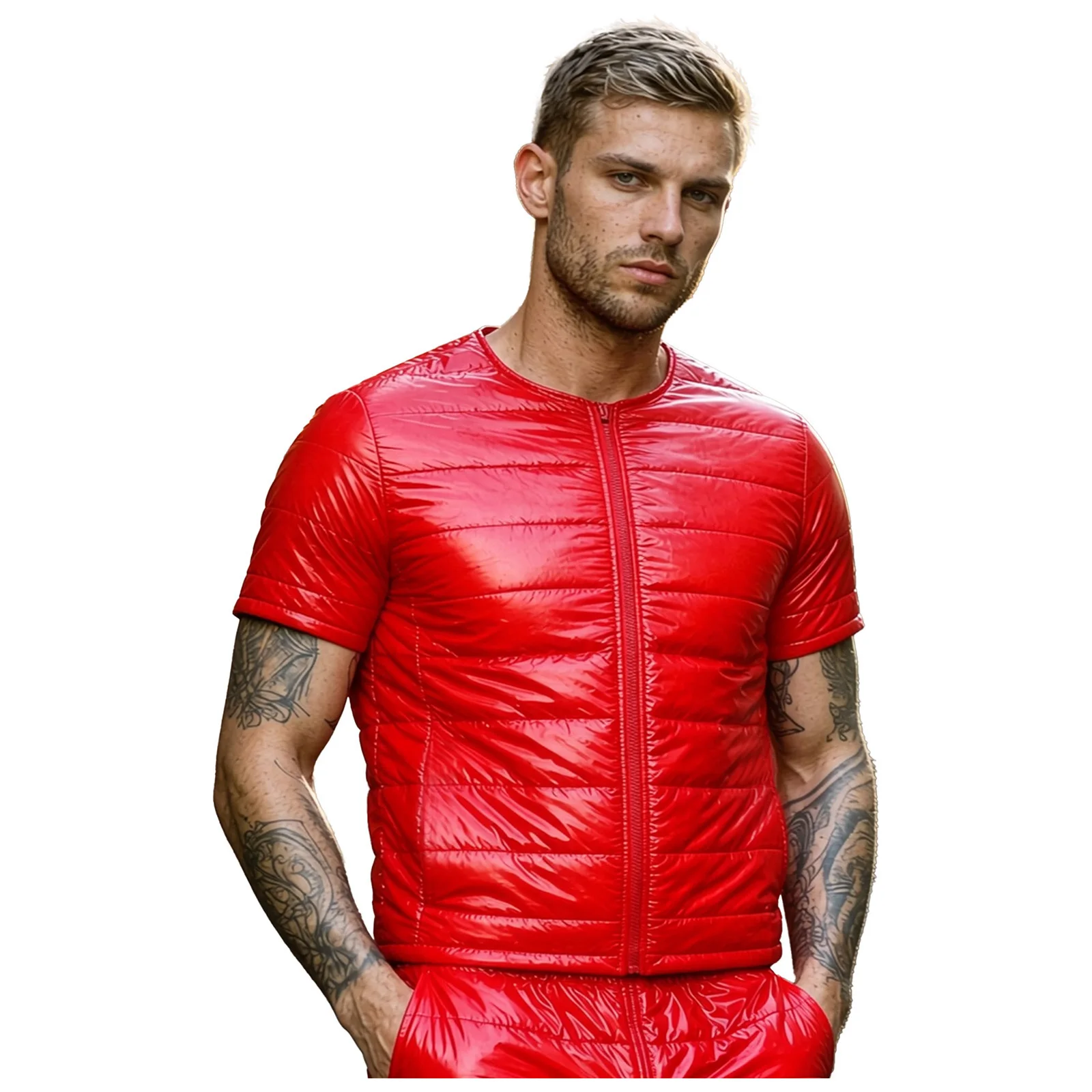 Men Water-resistant Quilted Jacket Coat Short Sleeve Outerwear Puffer Shirts for Casual Outings Sports Hiking Cycling Camping