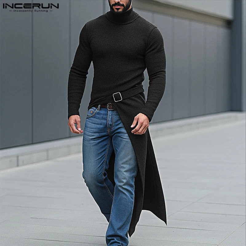 INCERUN الرجال نمط طويل تي شيرت بلون الياقة المدورة طويلة الأكمام غير النظامية المحملة القمم الرجال الشارع الشهير موضة ملابس الرجال غير رسمية