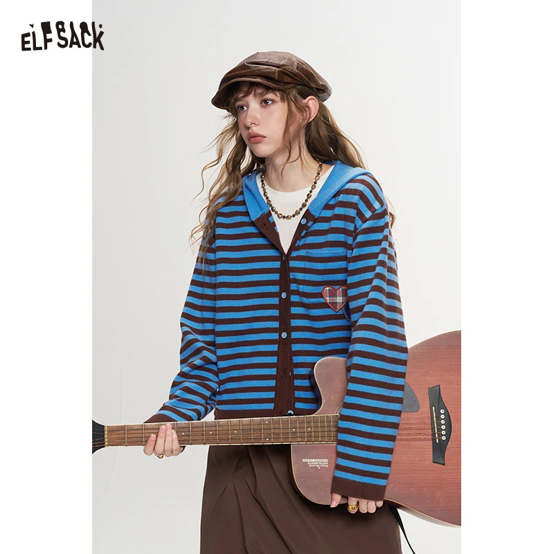 ELFSACK Women's Striped Hooded Knit Cardigan with Heart Patch Pocket, Casual Long Sleeve Top for Everyday Wear