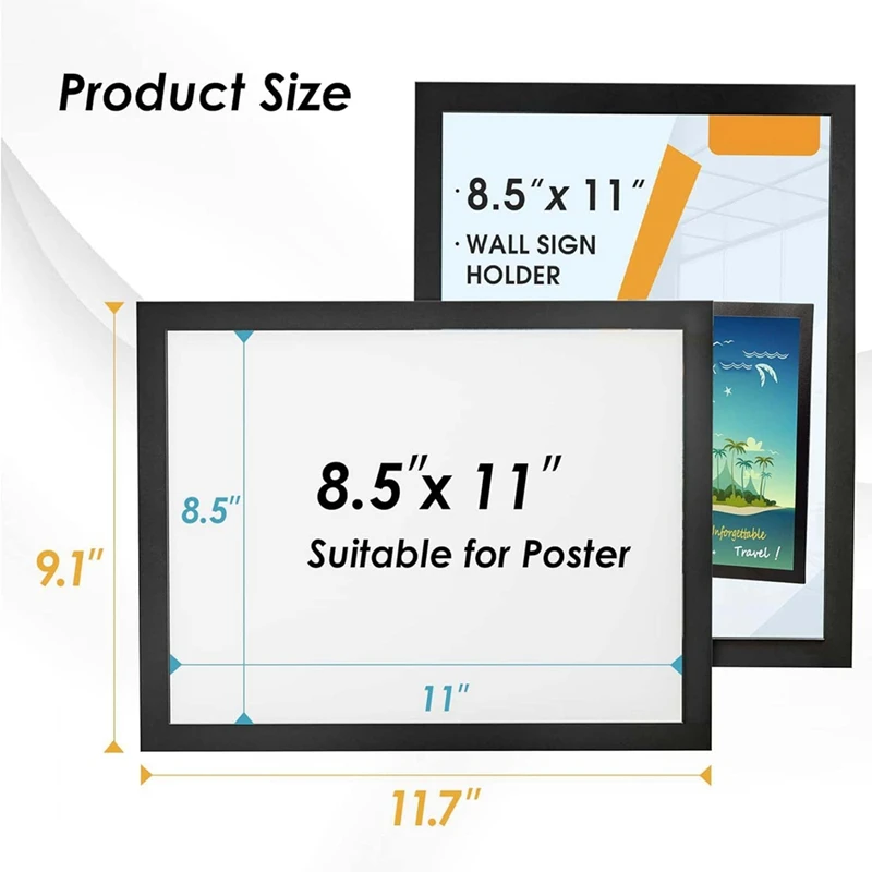 Black Sign Holder 8.5 X 11 Wall Mount, Magnetic Clear Plastic Sign Holders, Display In Portrait Or Landscape Format