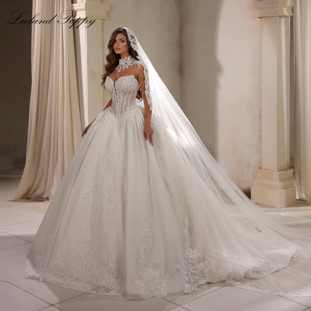 Lceland Poppy Customized Strapless Ball Gown Lace Wedding Dresses Illusion Beaded Bridal Gowns with Chapel Train