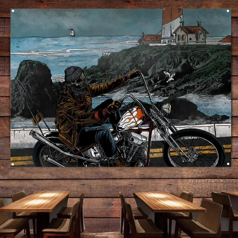 Seaside Skeleton Biker Motorcycle Art Poster Wall Hanging Painting Garage Flag Auto Repair Shop Gas Station Wall Decor Banners