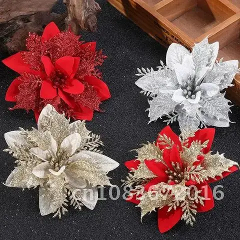 

10pcs Artificial Flowers Glitter Christmas Flowers 13cm Merry Christmas Decorations for Home Navidad 2021 Happy New Year 2022