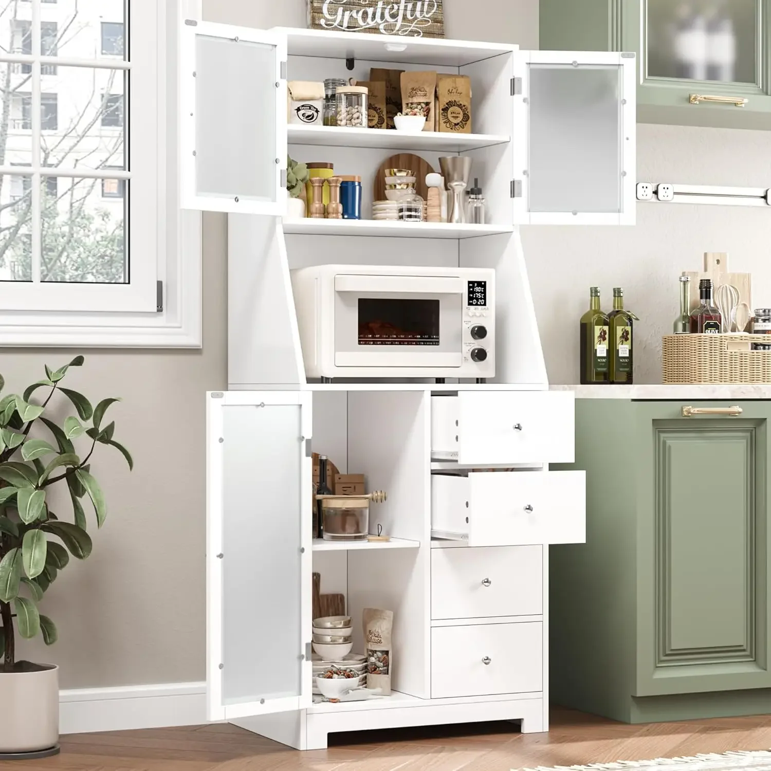 

64'' Tall Kitchen Storage Cabinet, Kitchen Hutch with Stand, Pantry Cabinet with Adjustable Shelves, Dining Room, Home, White