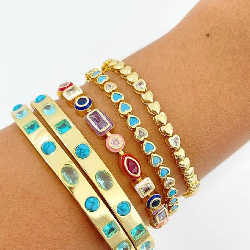 Gold Color 2023 Summer Fashion Colorful Jewelry 5A Cubic Zirconia CZ Enamel Geometric Tennis Chain Bracelet