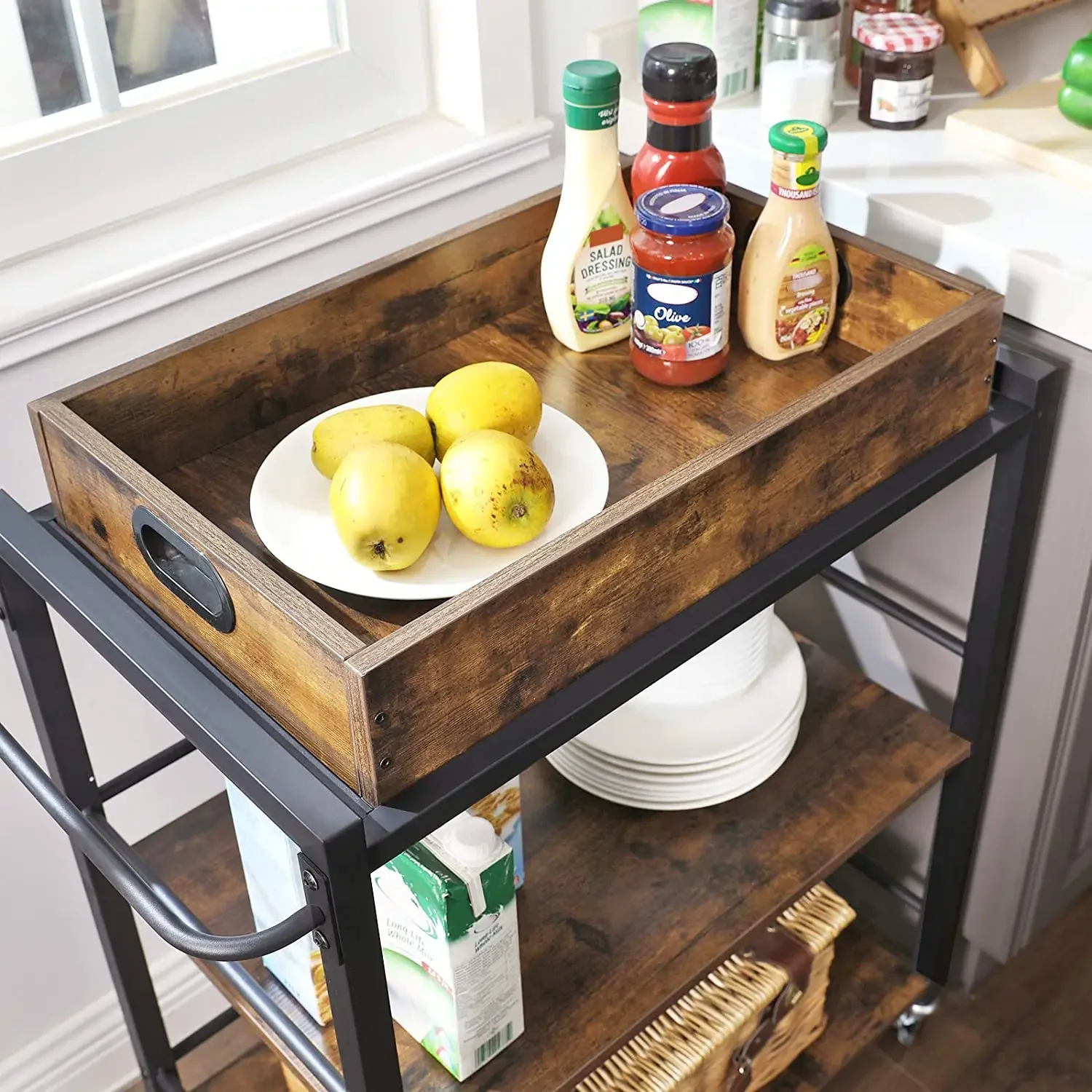 -Drop Shipping Industrial Wood Removable Tray Push Trolley Trailer Island Kitchen Furniture Cart