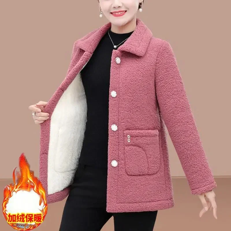 New Mom Winter Clothes Velvet Thickened Warm Coat Women Lamb Fur Coat Middle-Aged Lady's Grain Velvet Loose Coat Female Jacket