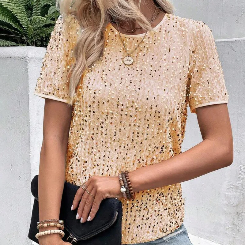 Summer Sequin T Shirt Women Fashion Solid Color All-match O Neck Short Sleeves T Shirts Tops Trendy Streetwear Lady Tees Top view 3
