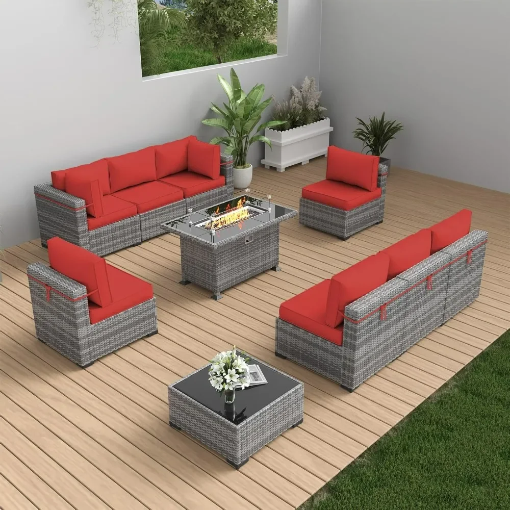 Patio Furniture with Fire Pit, Outdoor Furniture Patio Couch Set, 10 Pieces Outdoor Sectional Sofa with Patio Furniture Cover