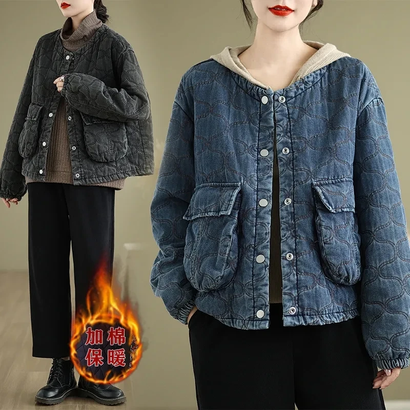 

Стеганая хлопковая короткая куртка большого размера, осенне-зимняя ретро-винтажная ромбовидная сетка, свободное женское повседневное пальто, верхняя одежда w1443