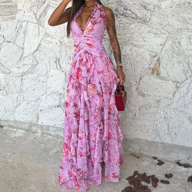 Lady Sexy Halter Floral Print Long Dress 2025 Summer Ruffles Hollow Out Slim Party  Dress Fashion Sleeveless High Waist Dresses