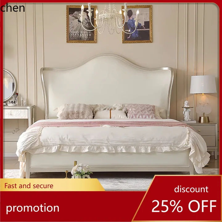 

HT Solid Wood 1.8m Master Bedroom Large Bed Light Luxury High-end Double Yuanbao Bed Princess Wedding Bed