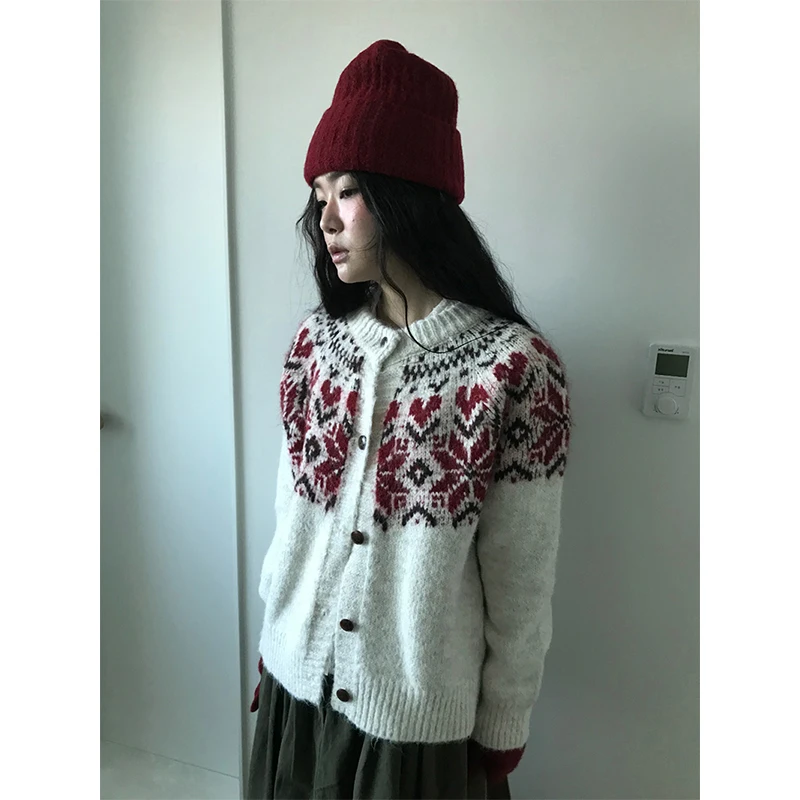 MEXZT-cárdigan de punto con estampado Vintage para mujer, suéter de manga larga Harajuku, prendas de vestir exteriores, prendas de punto holgadas coreanas, jerséis de Otoño Invierno