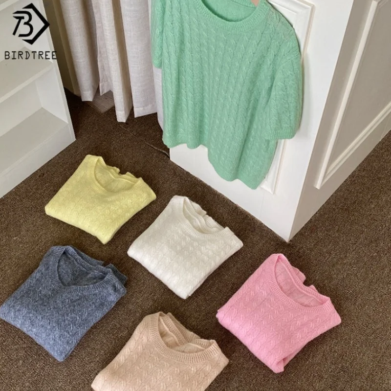 

Birdtree 31.8% Sheep Wool 3.9% Cashmere Sweater,Woman Wool Blend Short Sleeve Twisted Flower O-neck Autumn Knitwear T59221JF