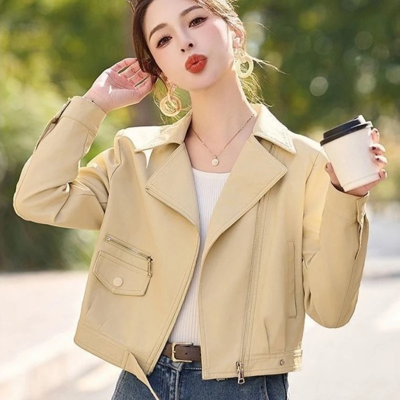 

​Trendy Short PU Motorcycle Jacket for Petite Women Lightweight Blazer Suit Coat Office Casual Wear​