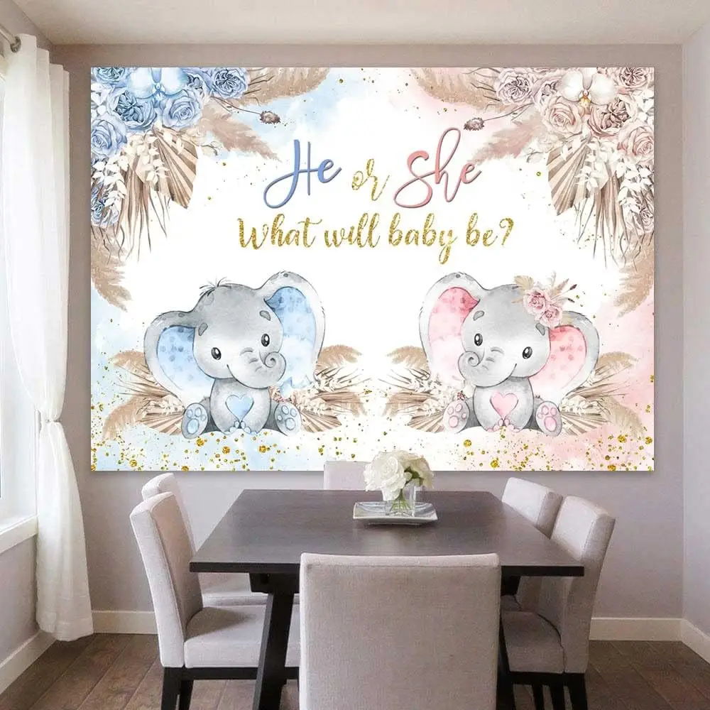 การเปิดเผยเพศฉากหลังถ่ายภาพเด็กแรกเกิดสไตล์โบฮีเมียนดอกไม้การ์ตูนช้างสำหรับเด็กชายหรือเด็กหญิงพื้นหลังรูปฝักบัวเด็ก