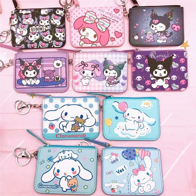 Sanrio Cute Kuromi Card Holder Coin Purse Woman Cartoon Cute Cinnamoroll Kulomi Printed PU Leather Zipper with Keychain Card Bag