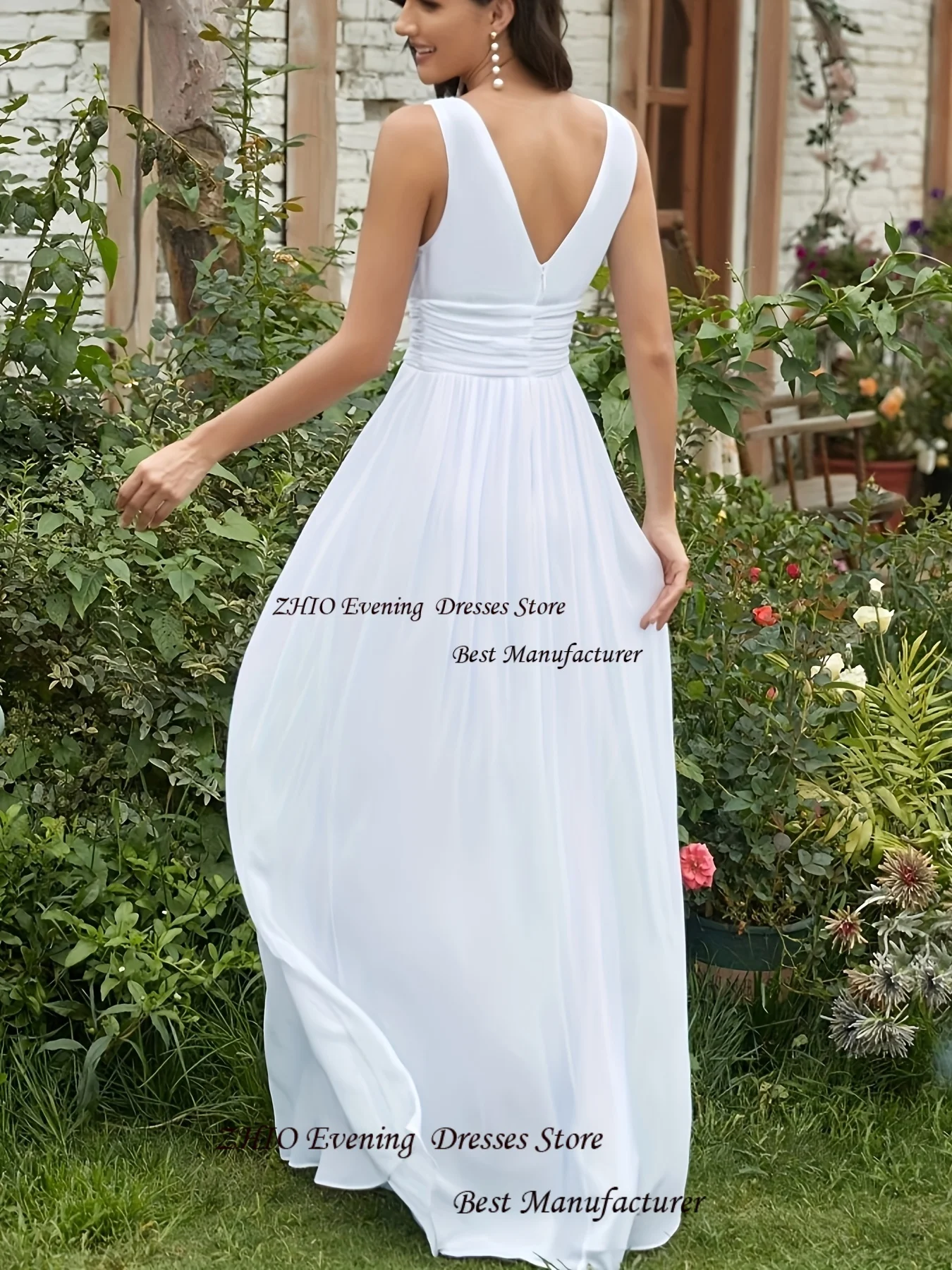 ZHIO-vestido de fiesta sencillo de tul con cuello en V, línea A, personalizado, con tirantes finos, plisado, con cremallera en la espalda, sin mangas, largo hasta el suelo