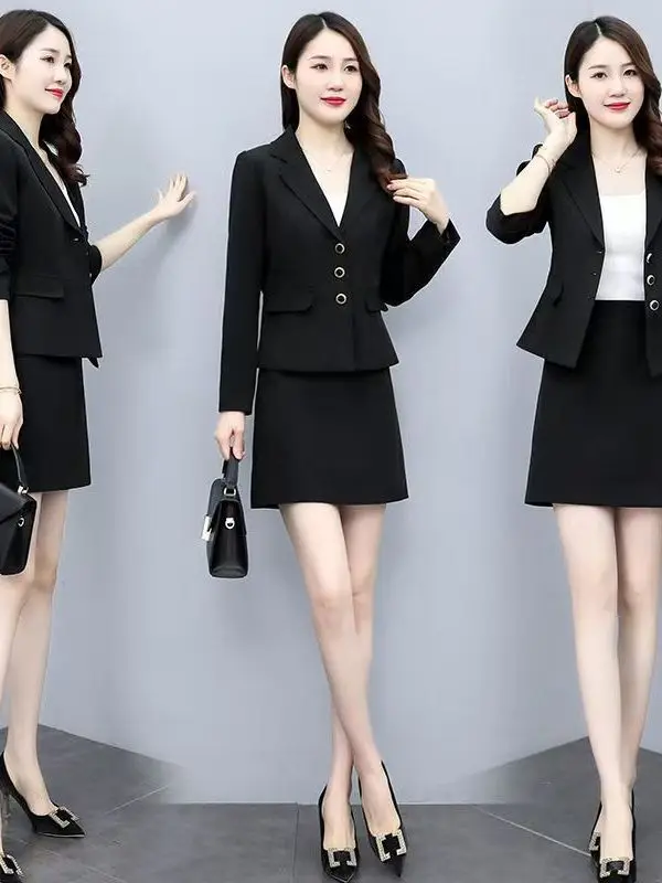 

Fashionable Slimming Two-Piece Set Ladies' Dress Spring Autumn High Waist Button up Long Sleeve Color Workwear Uniform