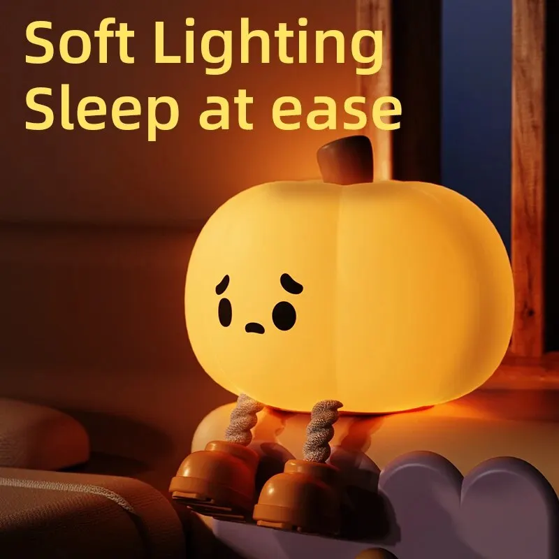 AmmToo LED Night Lights Cute Pumpkin Soft Silicone Lamp USB Rechargeable Timing Bedside Atmosphere Decoration Lights