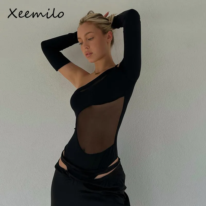 

Xeemilo Sexy Slanted-neck Bodysuit Black Mesh Patchwork Long Sleeve Bodycon Bodice Women Night Club Party Off Shoulder Bodysuits