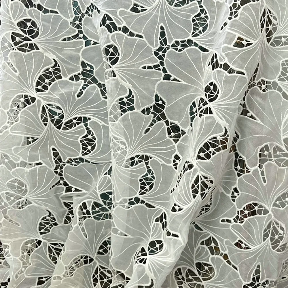 Hollow Out Double Layer Ginkgo Laser Embroidery Lace Fabric Wedding Dress Sewing DIY Apparel