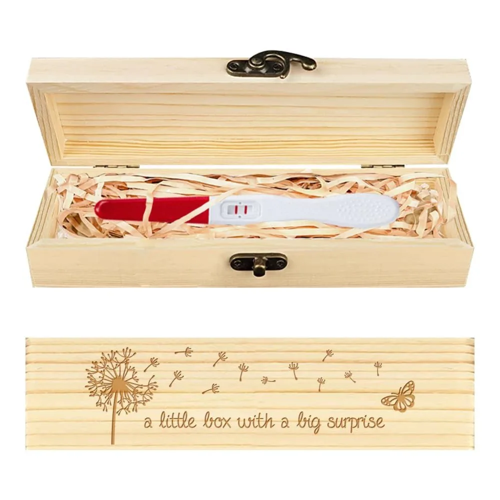 Pregnancy Test Keepsake Box Butterfly Dandelion Wooden Pregnancy Announcement Gifts Box with Raffia Ribbon and Lock Wooden