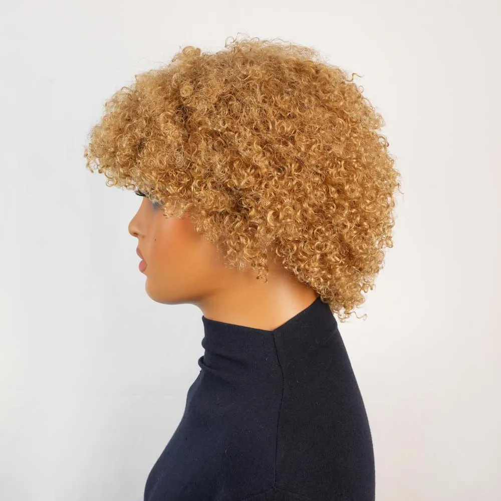 Kurze Pixie Afro verworrene lockige Perücke warme braune Bob-Perücke mit Pony brasilianische maschinell hergestellte Remy-Echthaar-Perücken Jerry Curly für Frauen