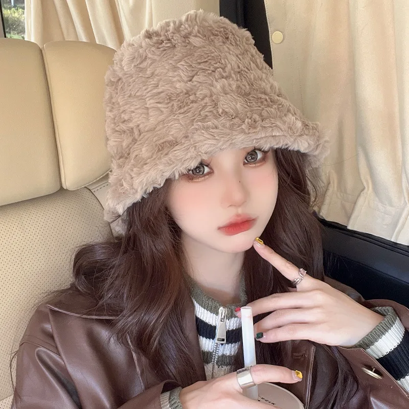 Korean Style Autumn and Winter New Plush Fisherman Hat Women's Fashionable Warm All-Match Solid Color Trendy Face Small Bucket C