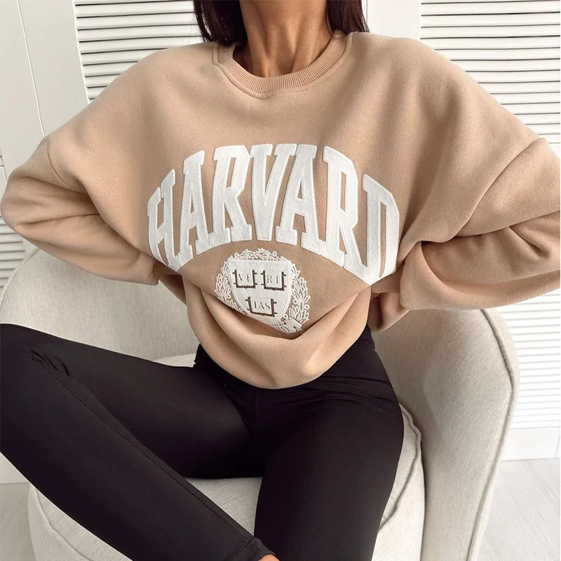 Basics Winter Clothing Woman Warm Clothes Female Letter Print Pullovers O Neck Long Sleeve Casual Outerwear Thick Sweatshirts