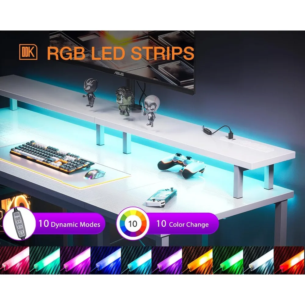 ODK Gaming Desk com luzes LED e Tomadas, Computer Desk, Monitor Stand, armazenamento Sheleves, CPU Stand, Home, 48"