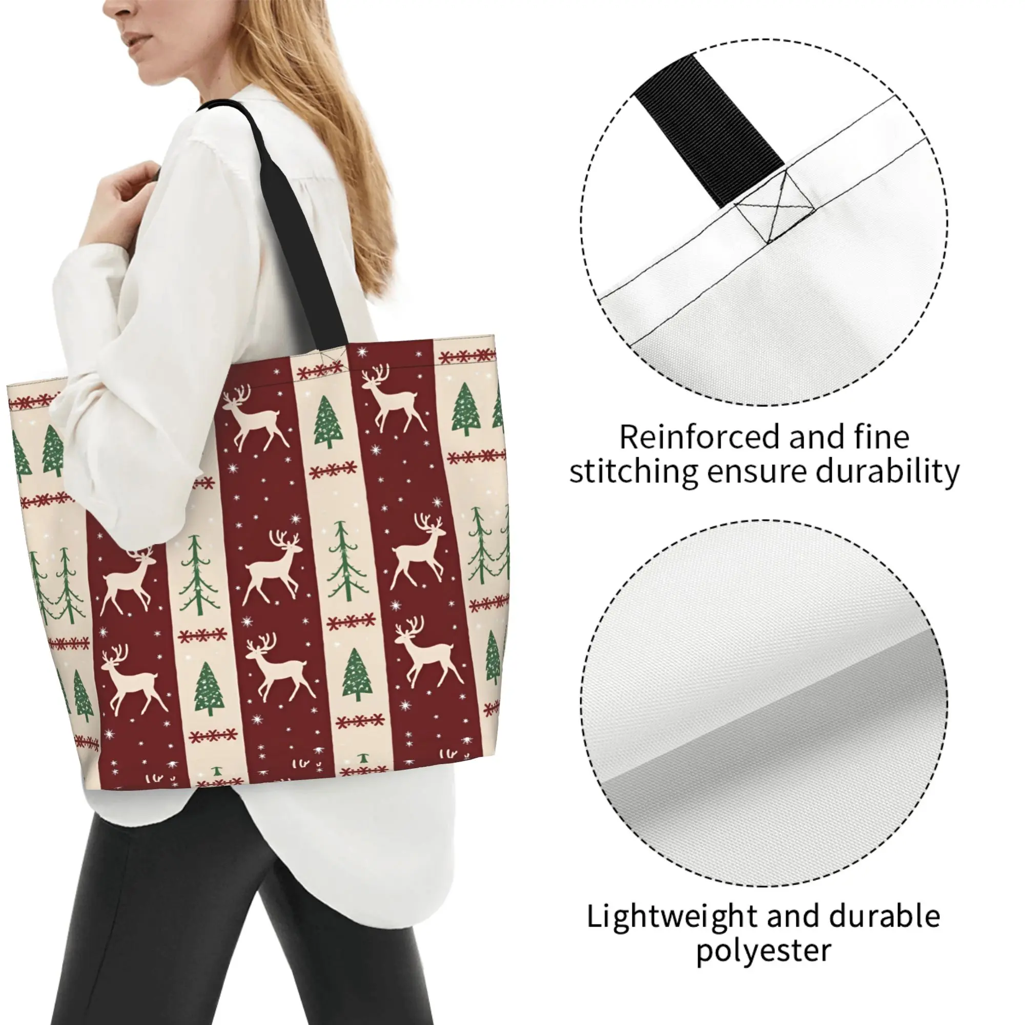 Bolso grande con estampado de ciervos navideños para mujer, bolso festivo rojo blanco para ir de compras y salir