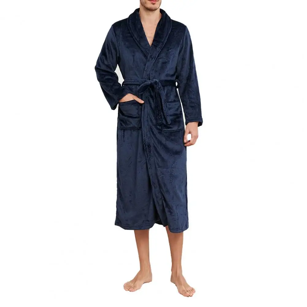 Hotel Bathrobe Flannel Men's Winter Nightgown with Lace Up Belt Pockets Warm Homewear for Spa Hotel Mid Length Bathrobe