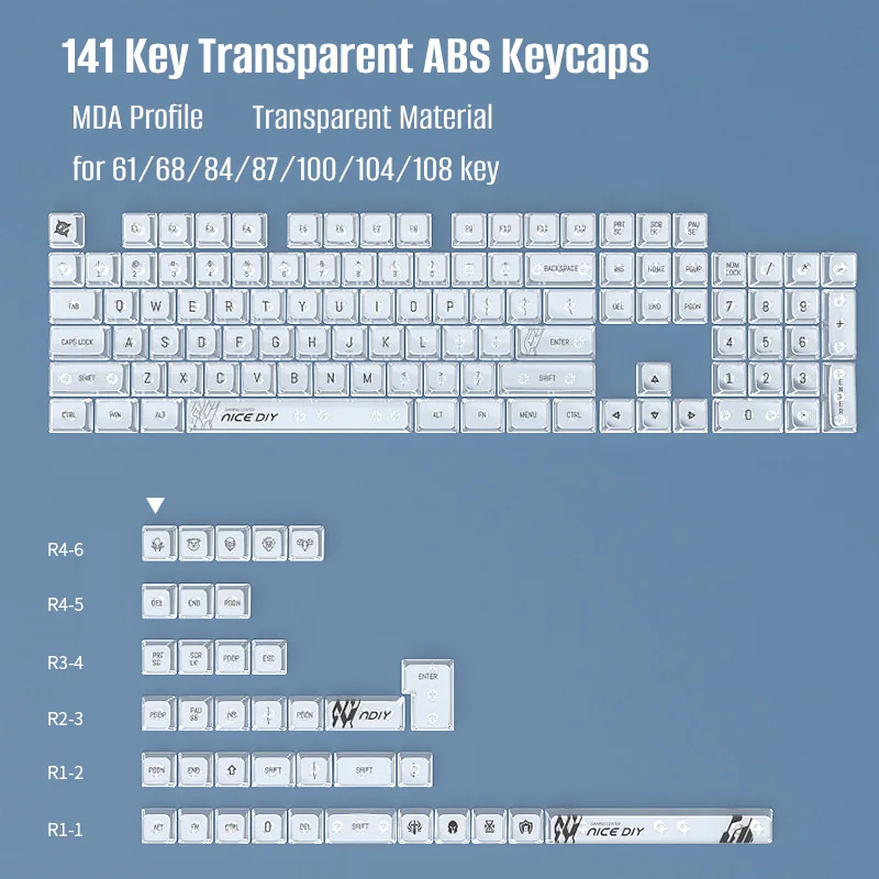 Copritasti trasparenti 141 tasti PC MDA Profile Clear Keycap Set adatto per interruttori Cherry Mx tastiera meccanica bianco nero