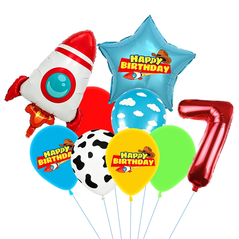 Rote, gelbe und grüne Spielzeugballons, hellblaue Ballons mit Wolken- und Kuhmuster für die Dekorationen zu Babystory- und Cowboy-Partys – Detail 17