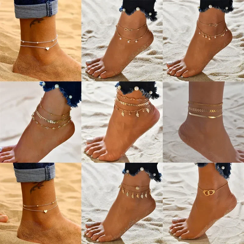 Modyle Gold Silver Color Chain Multilayer Anklets Women Beads Anklet Leg Chain Ankle Bracelets Beach Foot Jewelry Accessories(Limit 1 per order. Extra orders ship 1 only.)