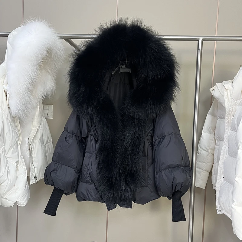 Hiver détachable naturel grand col de fourrure doudoune femme épaissir chaud lanterne manches veste femmes blanc canard vers le bas vêtements d'extérieur