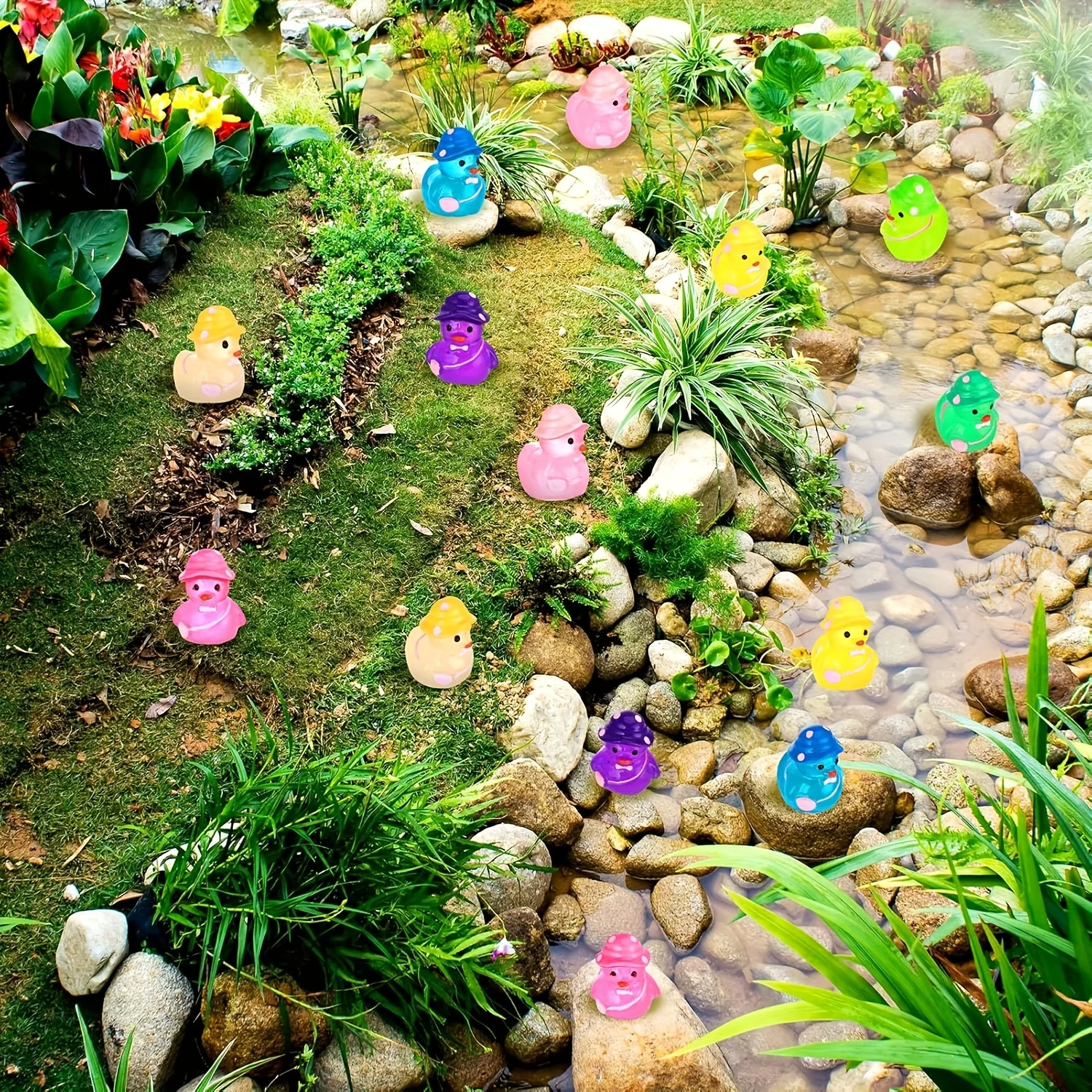 100/50pcs Glow-in-the-Dark Mini Resin Ducks with Hats Colorful Figures for DIY Crafts Cake Easter Micro Landscape Gardens Decor