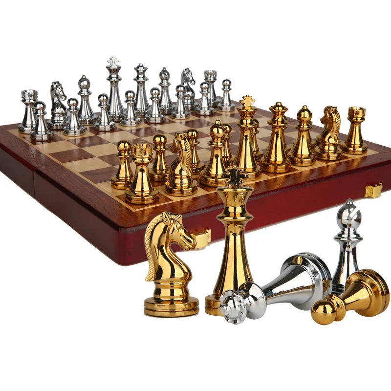 

Luxury Chess Set, Metal Chess Game, Exquisite Kirsite Chess Pieces King 67mm, Wooden Folding Chessboard, Family Table Board Game