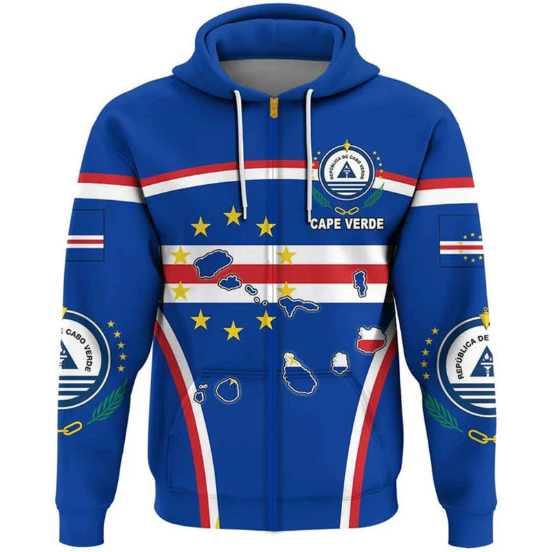 Cape Verde Flag Map Graphic Sweatshirts CV National Emblem Zip Up Hoodie For Men Clothing Casual Male Hoody Sport Boy Pullovers