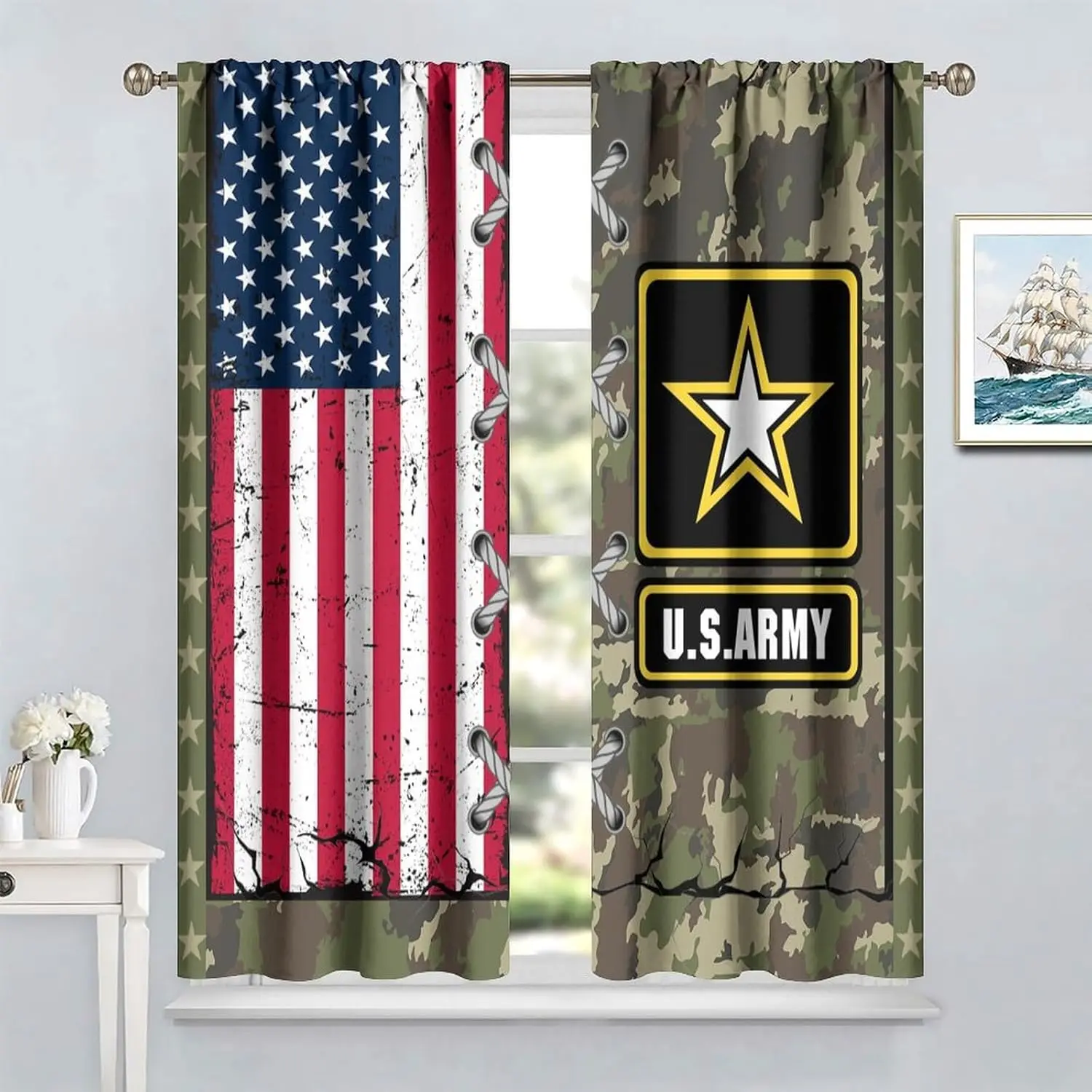Camo American Flag Window Curtains, Vintage Army Green Military Window Treatments Camouflage US Flag Window Drapes for TeensBoys