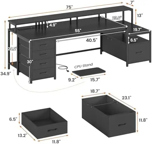 75'' Computer Desk with 5 Drawer, Power Outlet & Led Lights, Home Office Desk with File Drawer, Storage Shelves