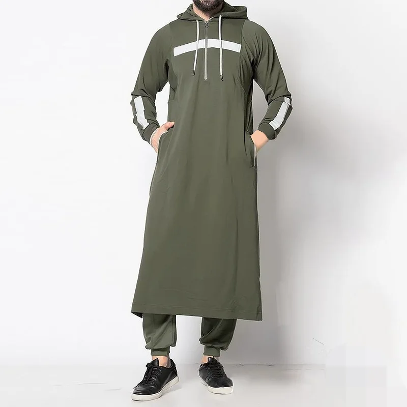 Men Clothing Muslim Abaya Islamic Kaftan Full Length Hooded Arab Costume Men Sweatshirt Oversize Male Tops Pullover Streetwear