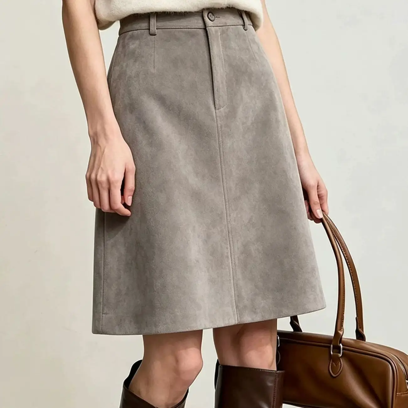 Gray Fashionable Suede Skirt Women High Waist Slimming A-Line Skirt Versatile Commute Style Non-Stretch High Waist Skirt