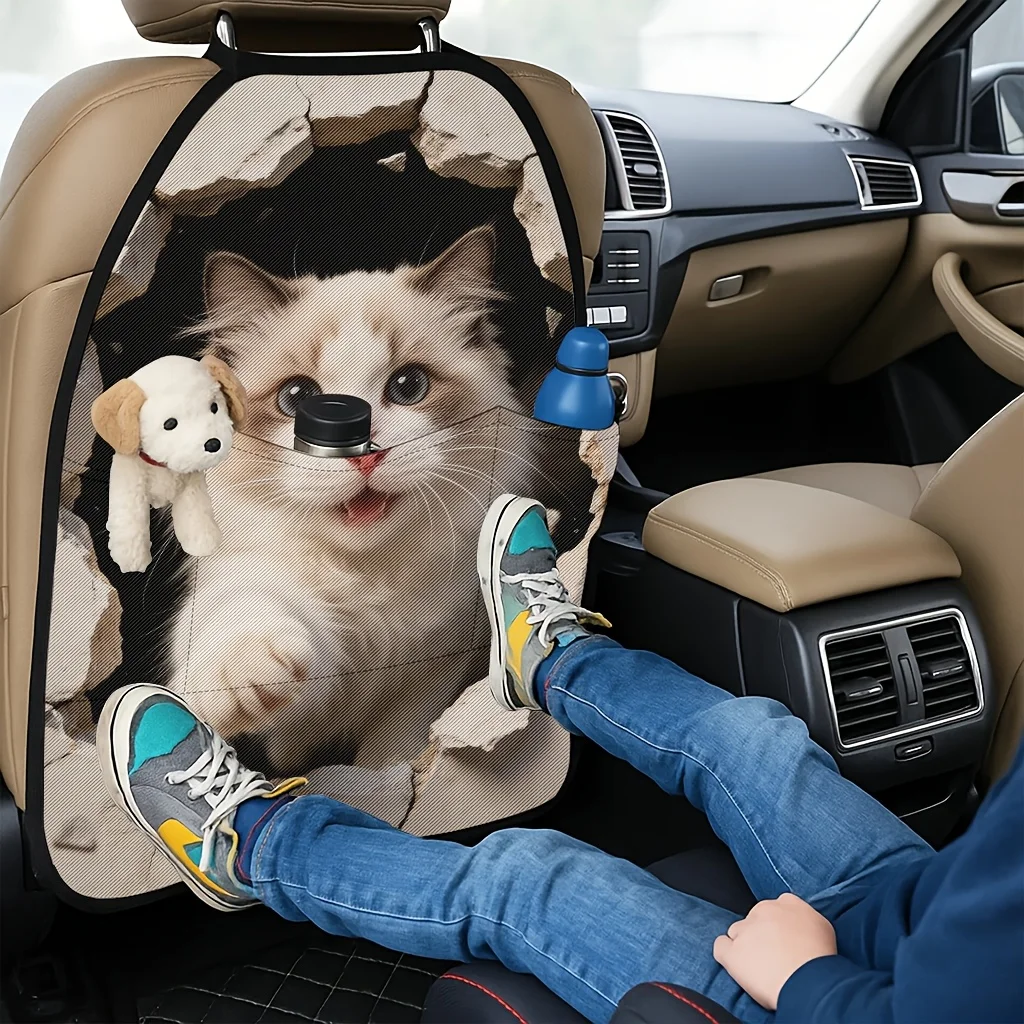 2pcs 2D Printed Car Seat Back Protector With Blue-Eyed Cat Peeking Through A Broken Wall Pattern - Kick-Proof Mat, Easy To Insta