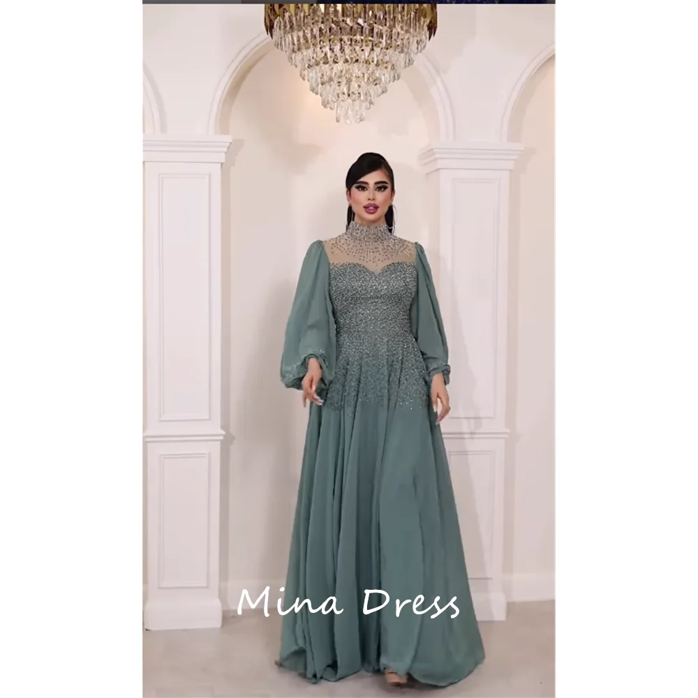 

Mina Custom Evening Dress Gem Sequin High Scoop Neck Luxurious Elegant Long Sleeve Party Dress for Special Occasions