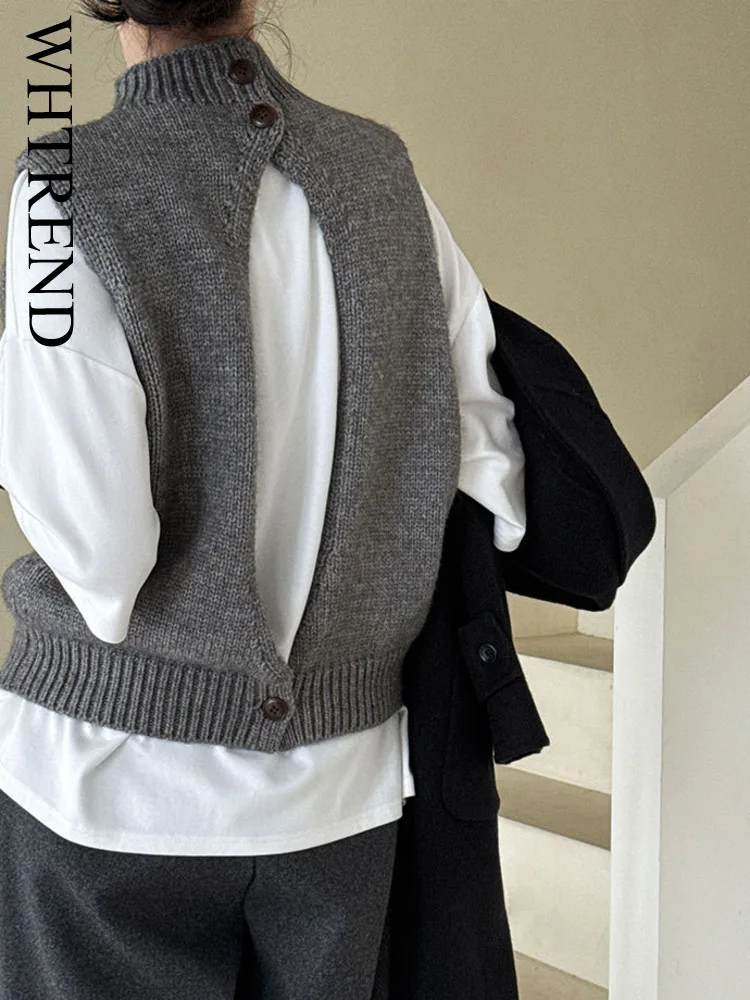 WHTREND الكورية نمط الصوف أنيقة محبوك سترة للنساء الشتاء الوقوف طوق الظهر جوفاء الطبقات سترة كل مباراة أعلى WH2205 #1