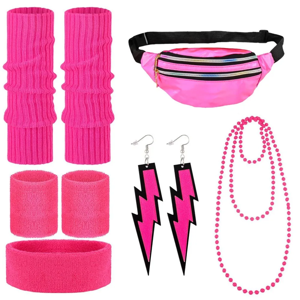 Retro 70s 80s Outfit Costume Accessories Set for Women Disco Party Leg Warmers Headband Wristbands Fanny Pack Earrings Glasses