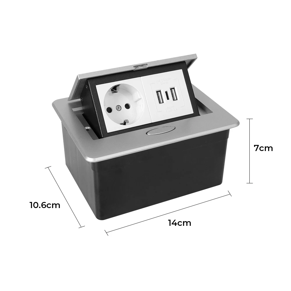 Metal Panel For Meeting Room Office Kitchen Slow Pop-Up Hidden Table Outlet Black Silver EU USB Type-C Desktop Socket