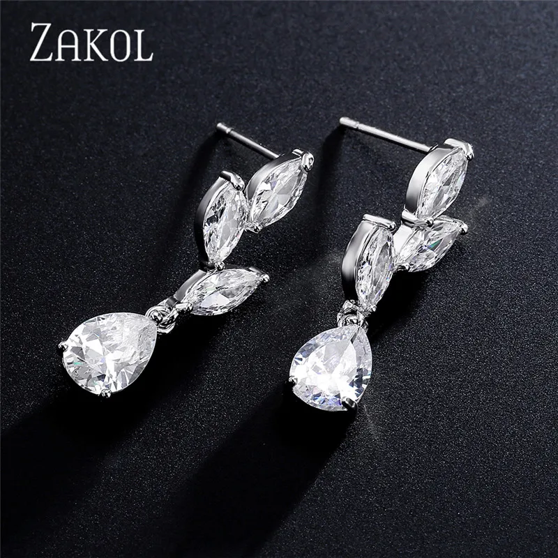 ZAKOL White Color Flower Shape Zircon Water Drop Crystal Pendant Dangle Earrings For Women Bridal Wedding Jewelry EP2469